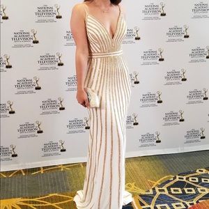 Jovani White plunging neck Evening Gown from Saks